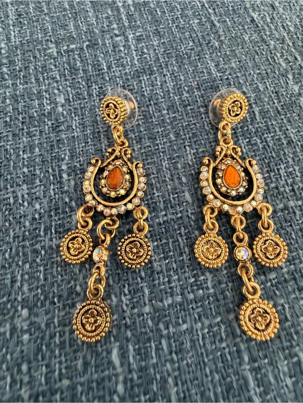 Vintage Gold-Tone Boho Dangle Earrings with Amber Accent - Women Jewelry